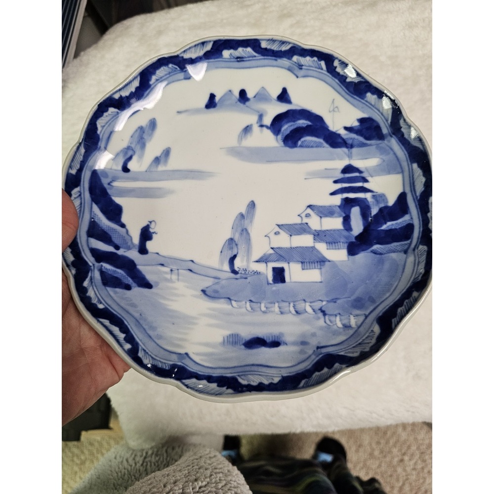 Antique‎ Chinese Porcelain Sometsuke Round Plate ~ Hand Painted Pagoda Scene